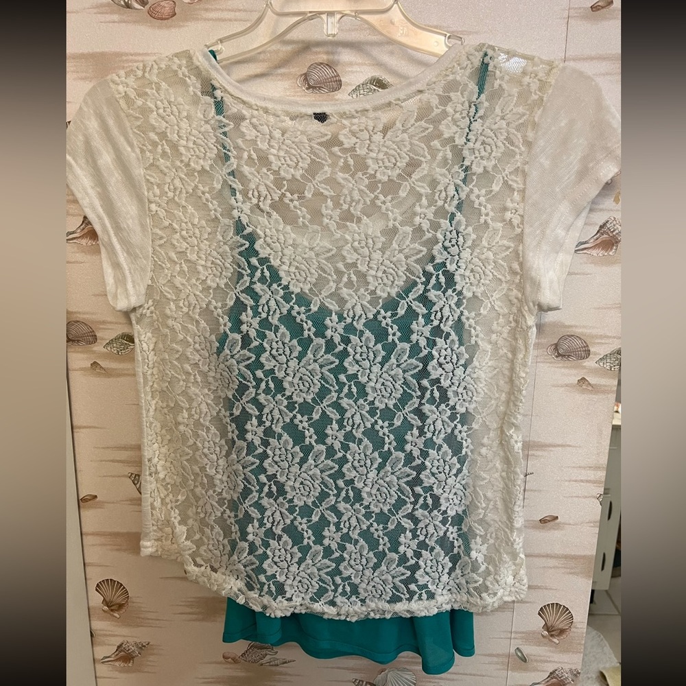 Cute tank top/shirt combo, blue and white size small - Picture 2 of 2